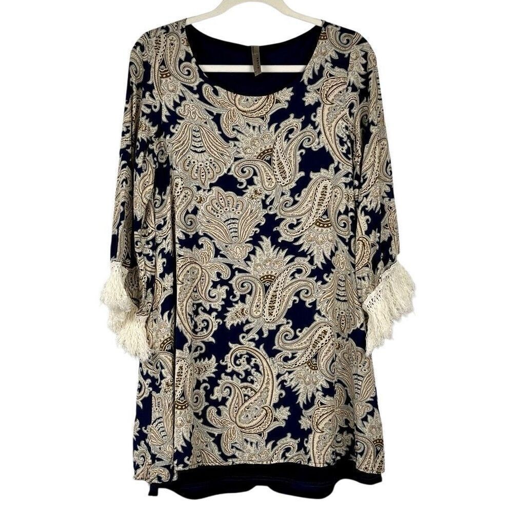 Entro Women’s Paisley Crewneck Long Sleeve Fringe Dress Small
